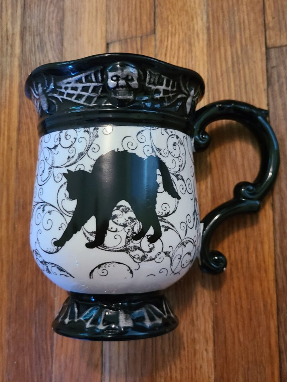 Haunted Holiday Black Cat Skull Spiderweb Gothic Halloween Pedestal Mug